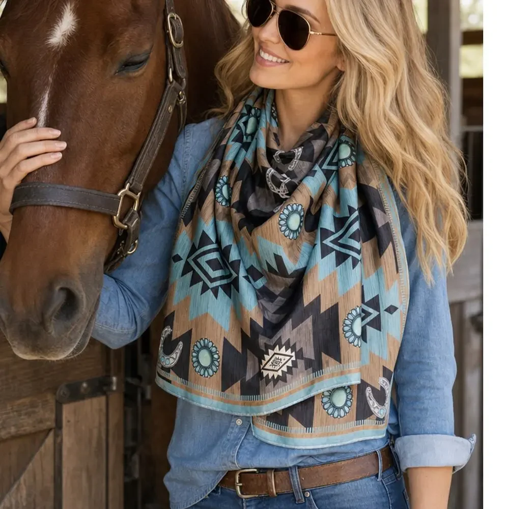 Aztec Print Square Silky Wild Rag | Teal/Mocha